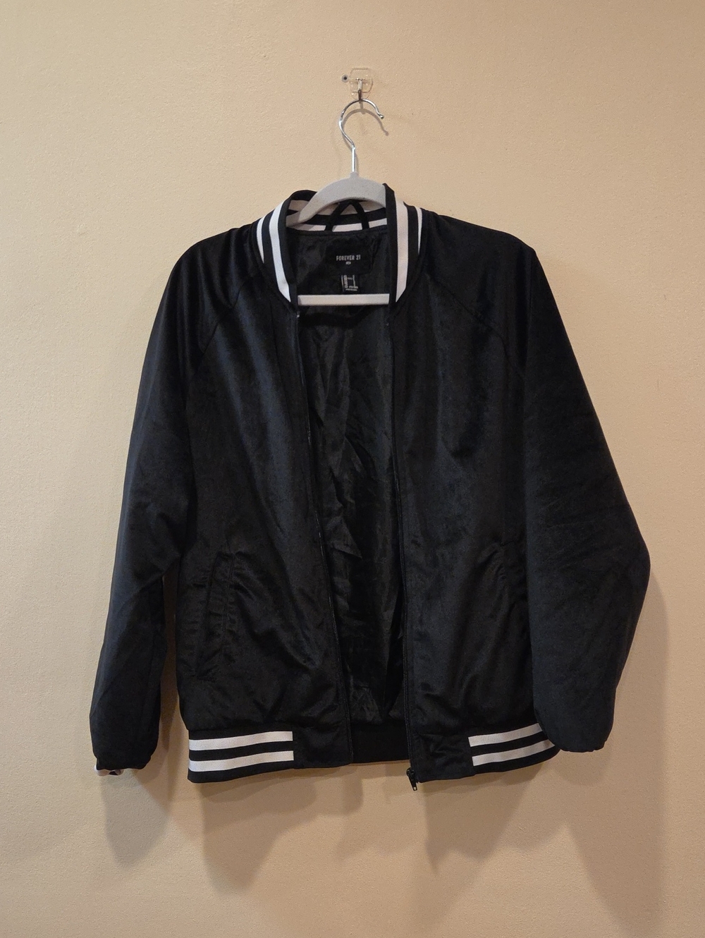 Forever 21 Black Bomber Jacket with White Striped Trim
